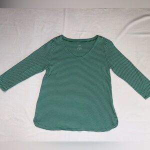 J. Jill V-Neck Micro Stripe Top, Green & Aqua, Small Petite, 3/4 Sleeves